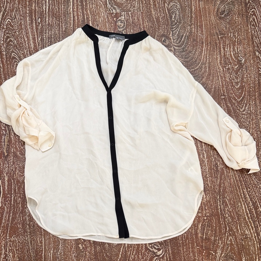 Vince Cream Button-Down Blouse with Black Trim